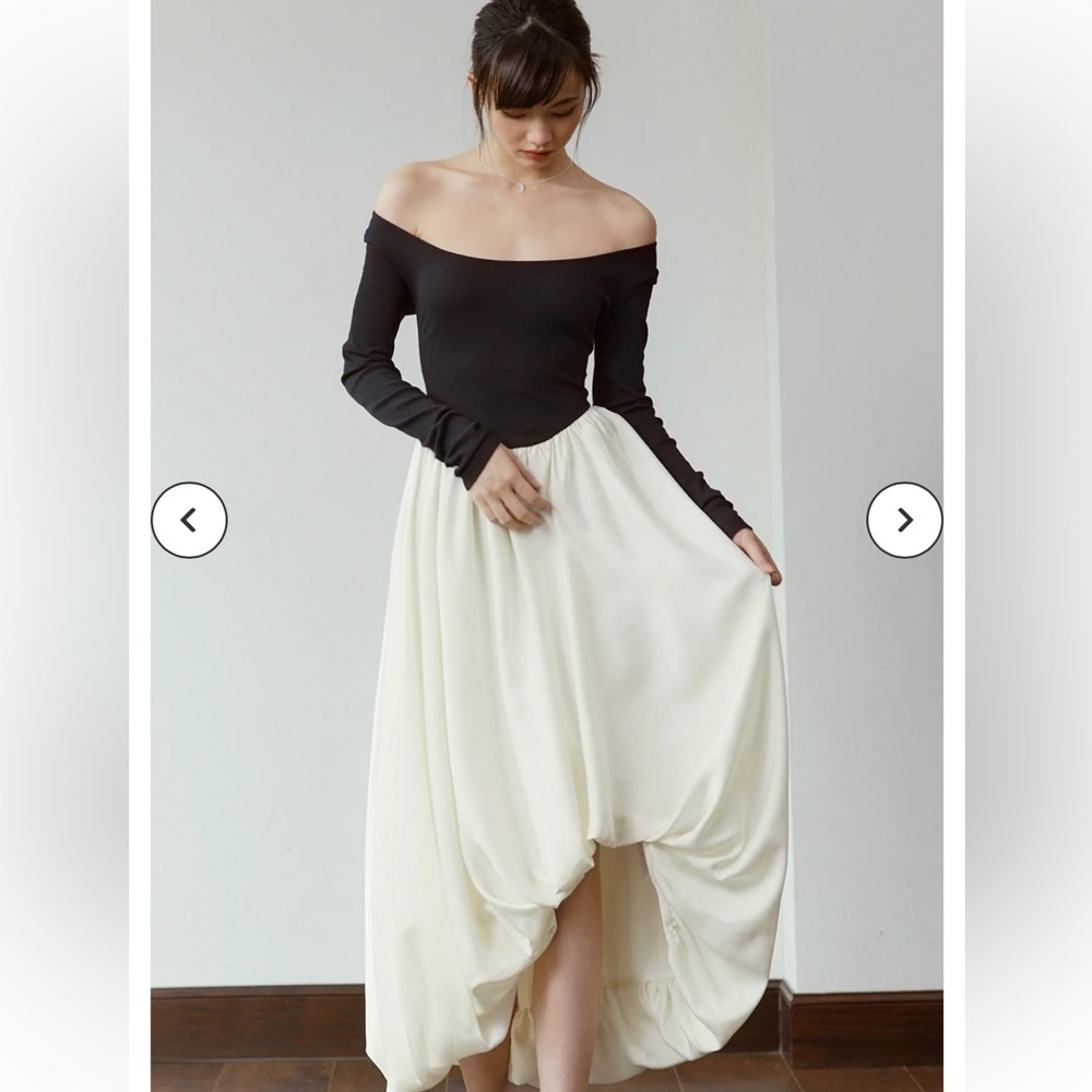 Off-Shoulder Black and Cream One-Shoulder Dress